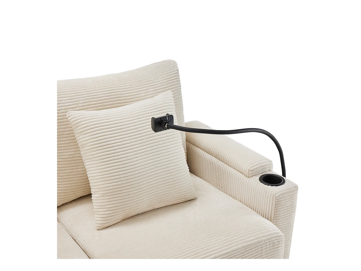 Canapé d'angle en L - 3 places - Avec repose-pieds + porte-gobelet - Chargeur USB - 2 coussins - Beige