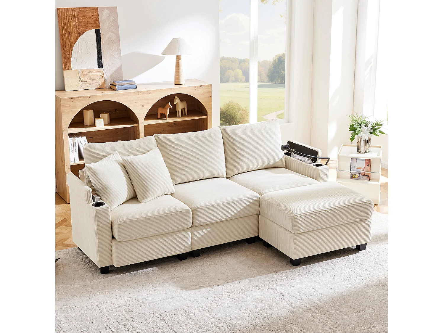 Canapé d'angle en L - 3 places - Avec repose-pieds + porte-gobelet - Chargeur USB - 2 coussins - Beige