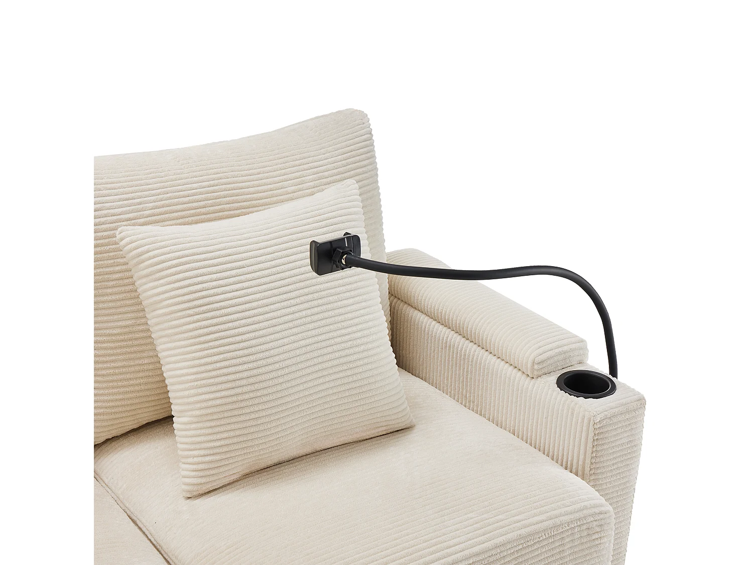 Canapé d'angle en L - 3 places - Avec repose-pieds + porte-gobelet - Chargeur USB - 2 coussins - Beige