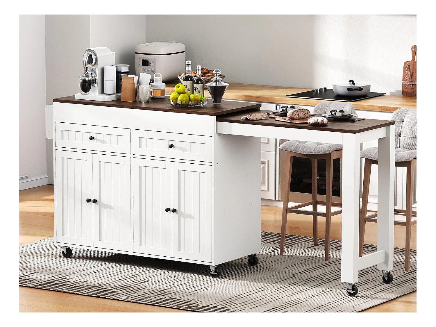 Ilot central de cuisine - avec 4 portes et 2 tiroirs - plateau extensible - avec roulettes - 180.5x45x92.2 cm - Blanc + Marron