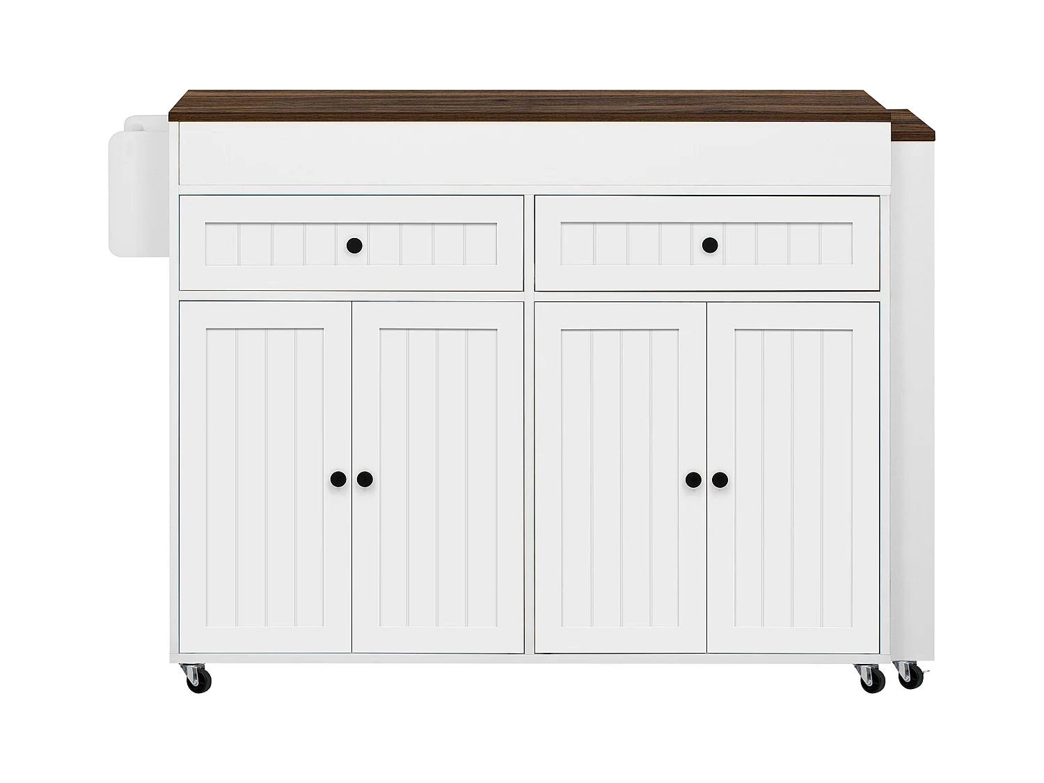 Ilot central de cuisine - avec 4 portes et 2 tiroirs - plateau extensible - avec roulettes - 180.5x45x92.2 cm - Blanc + Marron