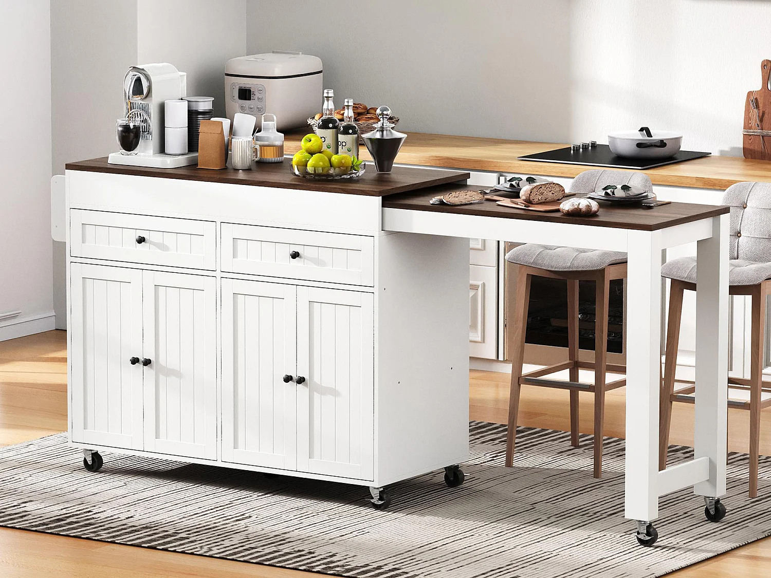 Ilha de cozinha central - com 4 portas e 2 gavetas - bancada extensível - com rodízios - 180,5×45×92,2 cm - Branco + Marrom