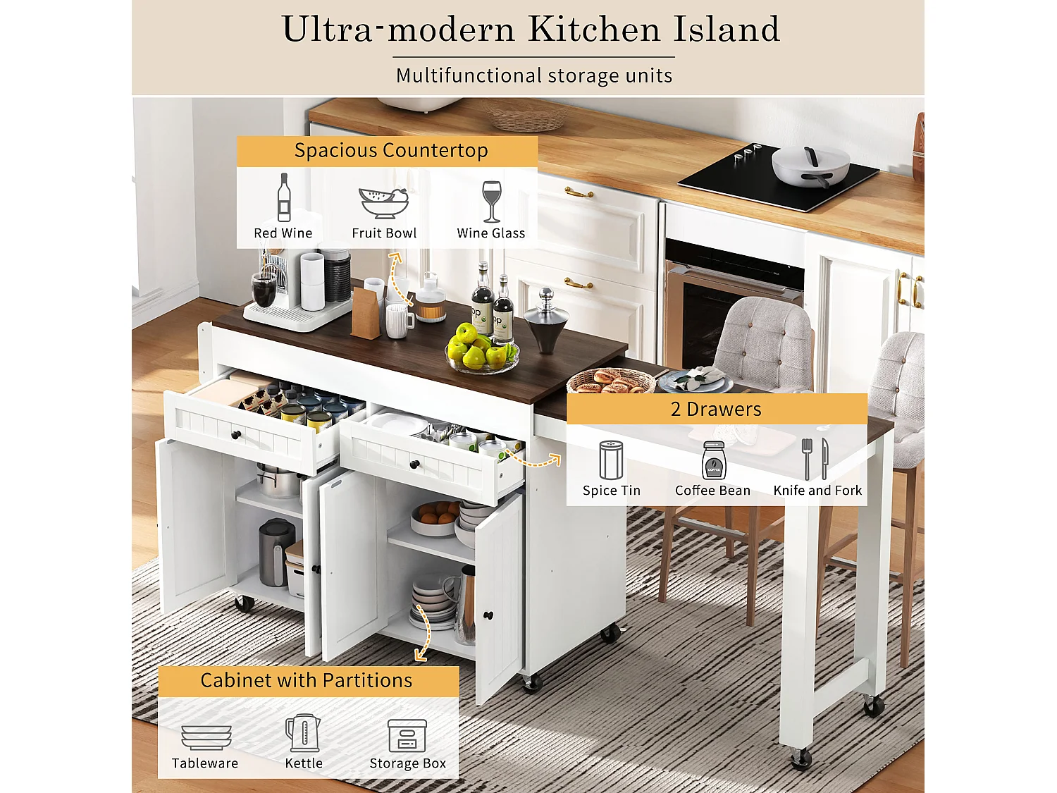 Ilha de cozinha central - com 4 portas e 2 gavetas - bancada extensível - com rodízios - 180,5×45×92,2 cm - Branco + Marrom