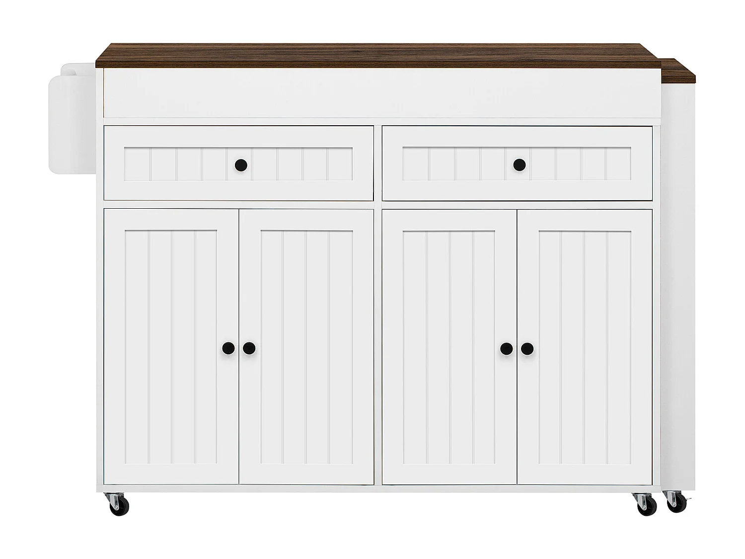 Ilha de cozinha central - com 4 portas e 2 gavetas - bancada extensível - com rodízios - 180,5×45×92,2 cm - Branco + Marrom