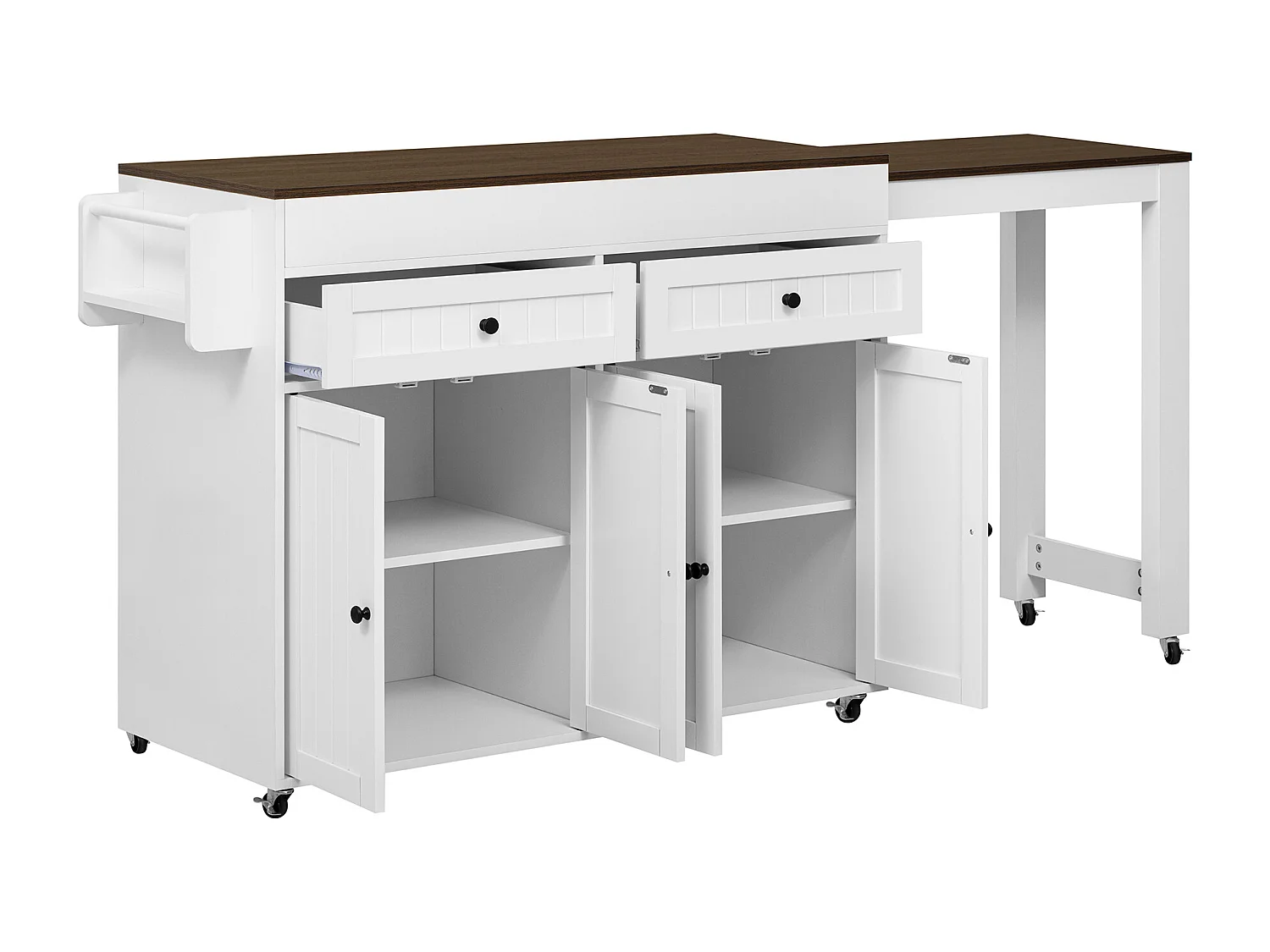 Ilha de cozinha central - com 4 portas e 2 gavetas - bancada extensível - com rodízios - 180,5×45×92,2 cm - Branco + Marrom