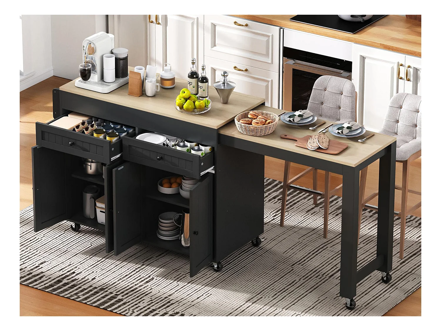 Ilot central de cuisine - avec 4 portes et 2 tiroirs - plateau extensible - avec roulettes - 180.5x45x92.2 cm - Noir