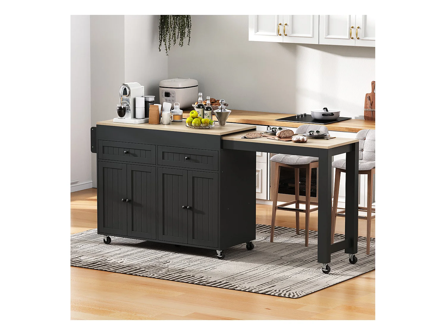 Ilot central de cuisine - avec 4 portes et 2 tiroirs - plateau extensible - avec roulettes - 180.5x45x92.2 cm - Noir
