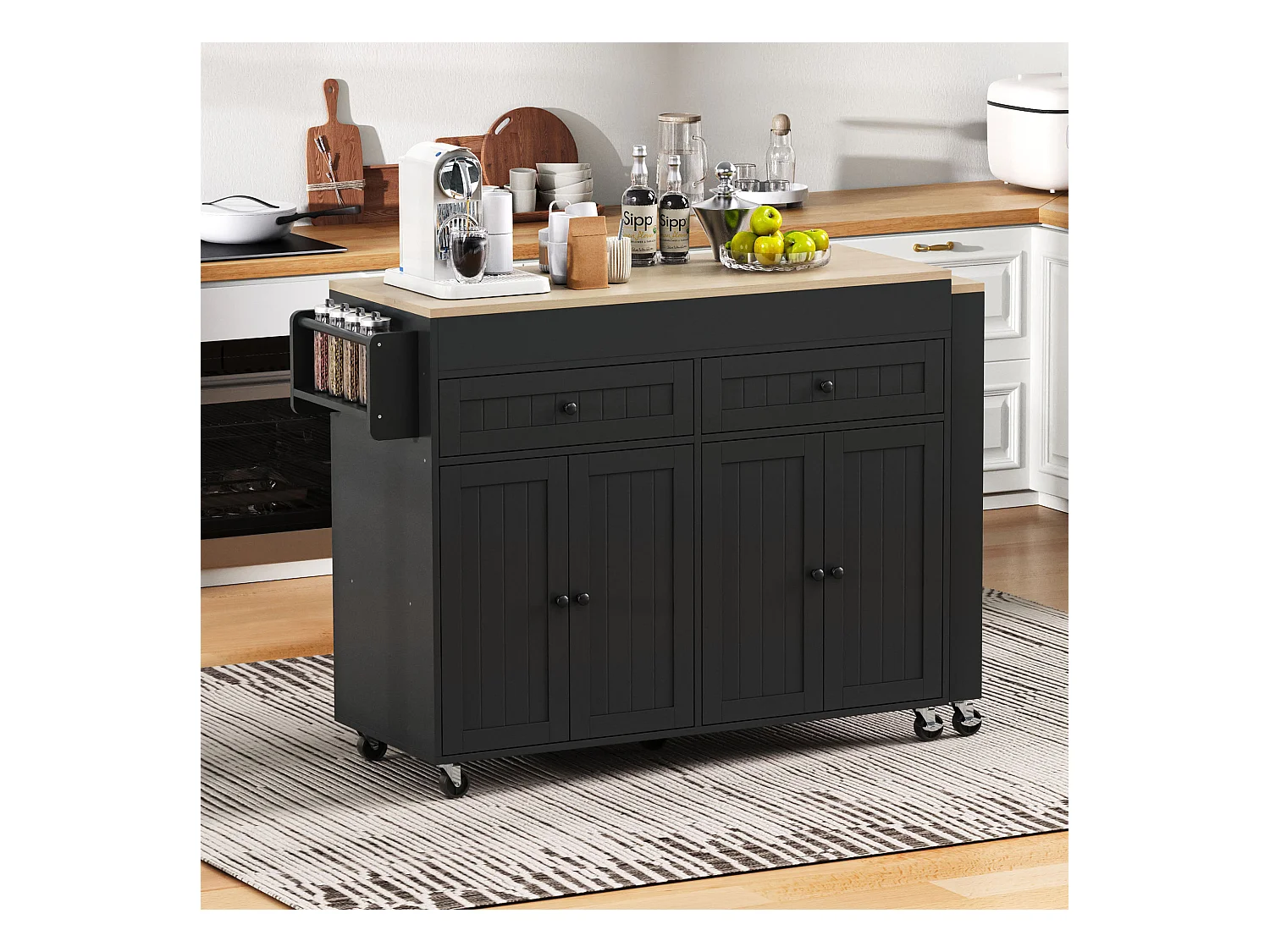 Ilot central de cuisine - avec 4 portes et 2 tiroirs - plateau extensible - avec roulettes - 180.5x45x92.2 cm - Noir