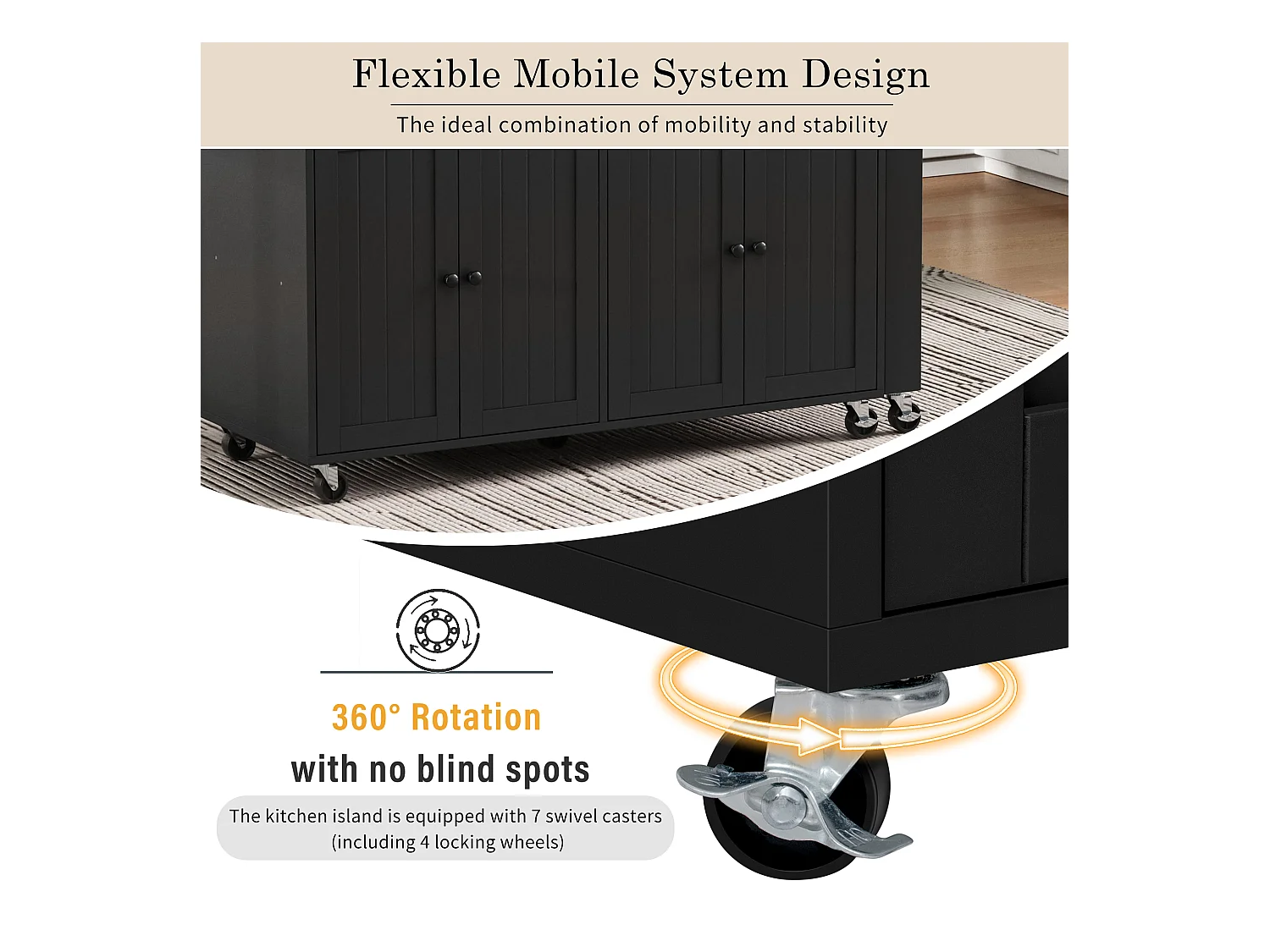 Ilot central de cuisine - avec 4 portes et 2 tiroirs - plateau extensible - avec roulettes - 180.5x45x92.2 cm - Noir