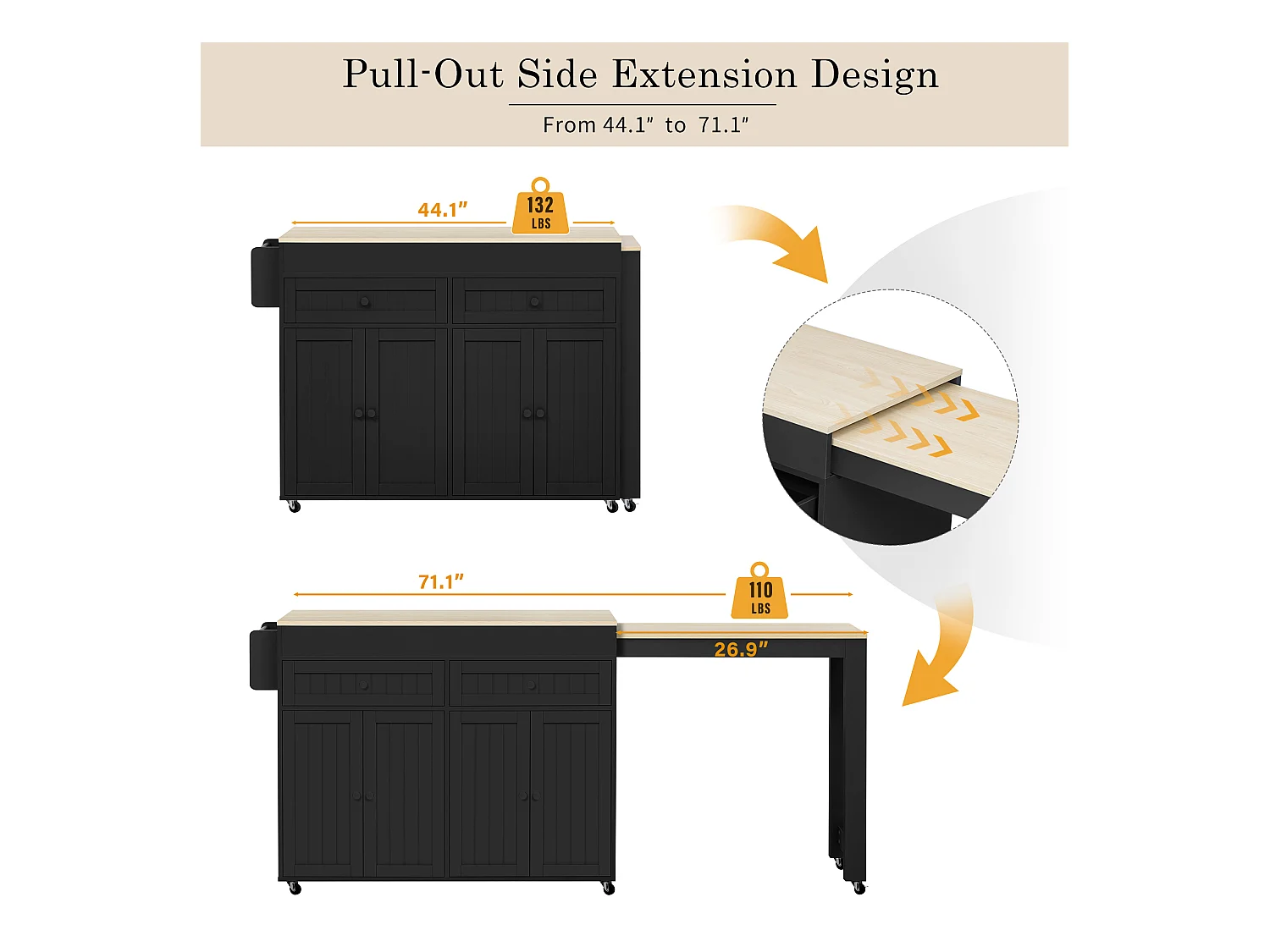 Ilot central de cuisine - avec 4 portes et 2 tiroirs - plateau extensible - avec roulettes - 180.5x45x92.2 cm - Noir