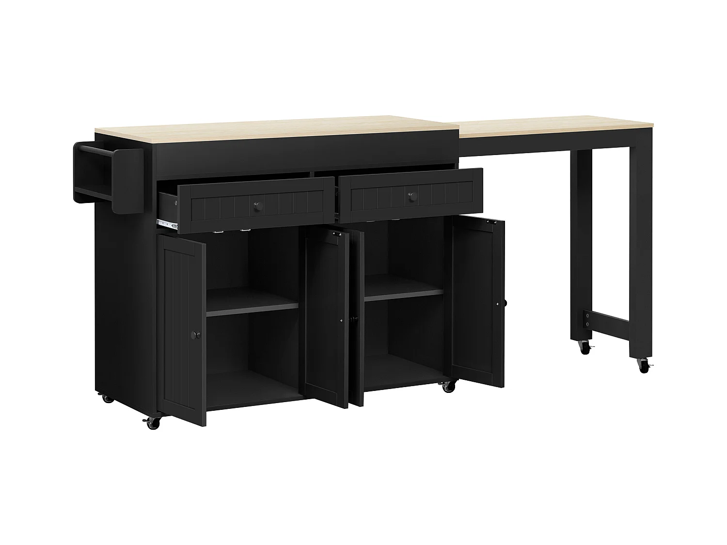 Ilot central de cuisine - avec 4 portes et 2 tiroirs - plateau extensible - avec roulettes - 180.5x45x92.2 cm - Noir