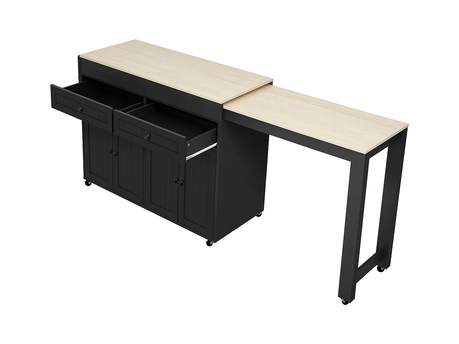 Ilot central de cuisine - avec 4 portes et 2 tiroirs - plateau extensible - avec roulettes - 180.5x45x92.2 cm - Noir