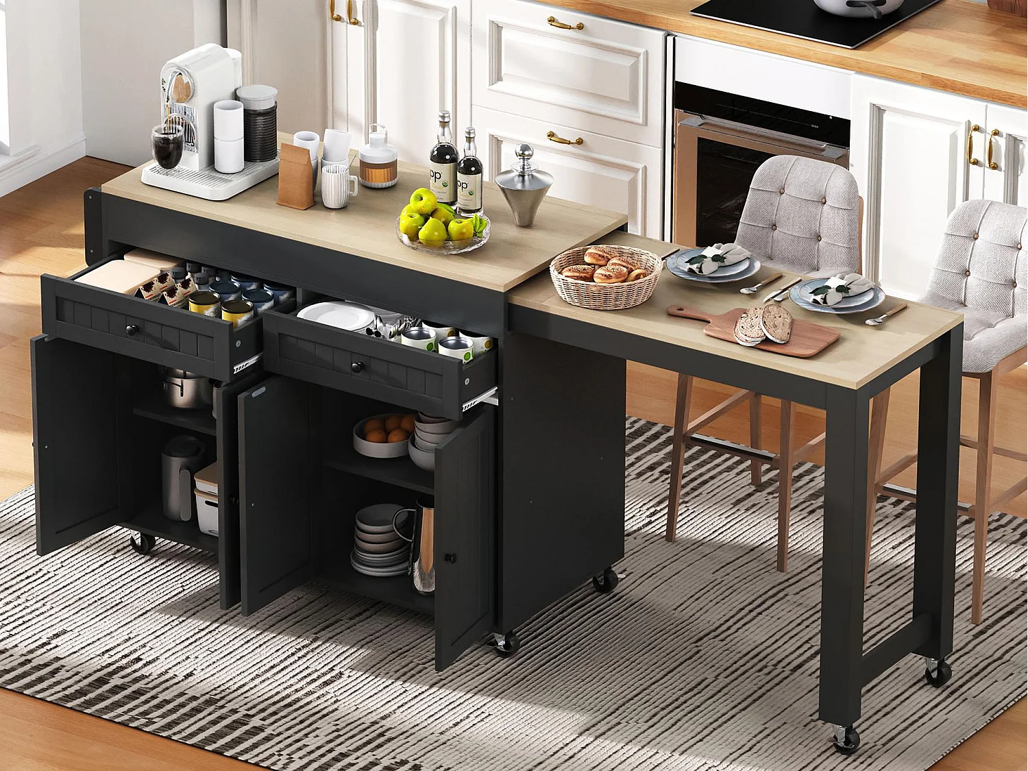 Kücheninsel - mit 4 Türen und 2 Schubladen - ausziehbarer Arbeitsplatte - mit Rollen - 180,5×45×92,2 cm - Schwarz