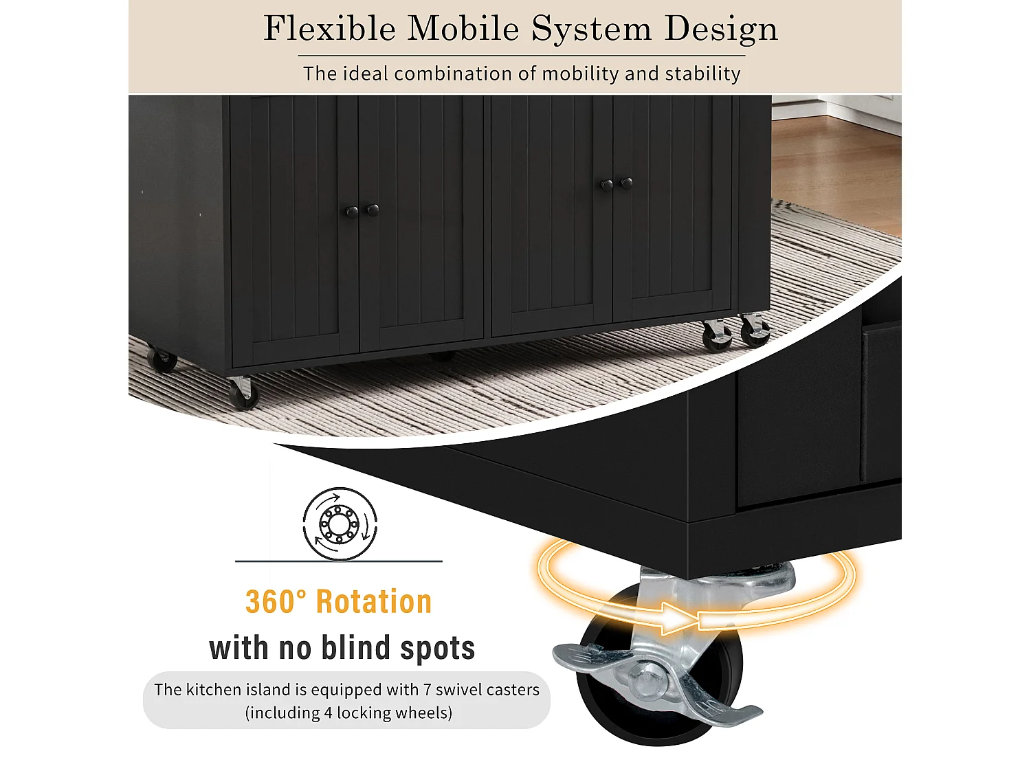 Kücheninsel - mit 4 Türen und 2 Schubladen - ausziehbarer Arbeitsplatte - mit Rollen - 180,5×45×92,2 cm - Schwarz