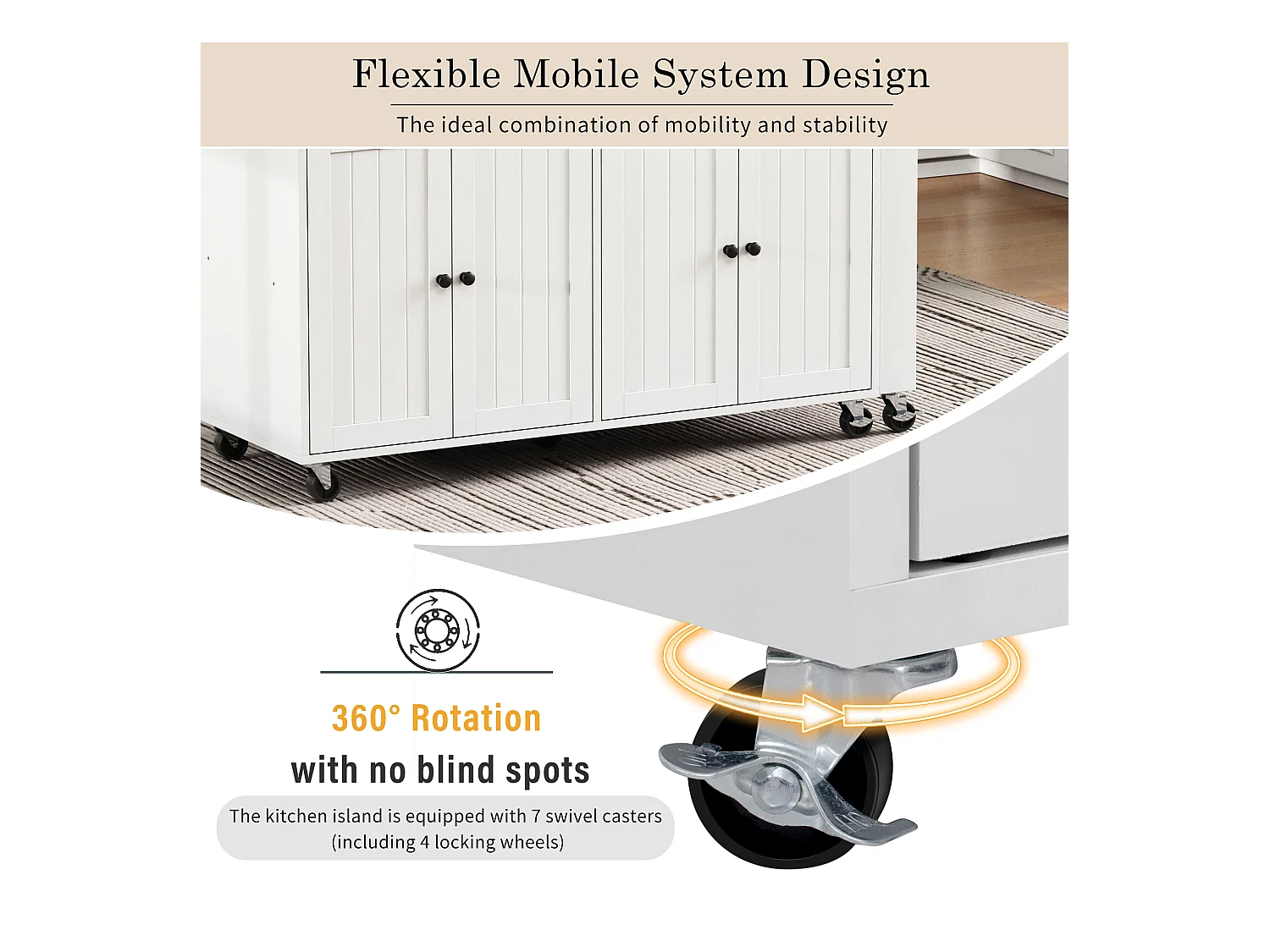 Ilot central de cuisine - avec 4 portes et 2 tiroirs - plateau extensible - avec roulettes - 180.5x45x92.2 cm - Blanc + Naturel