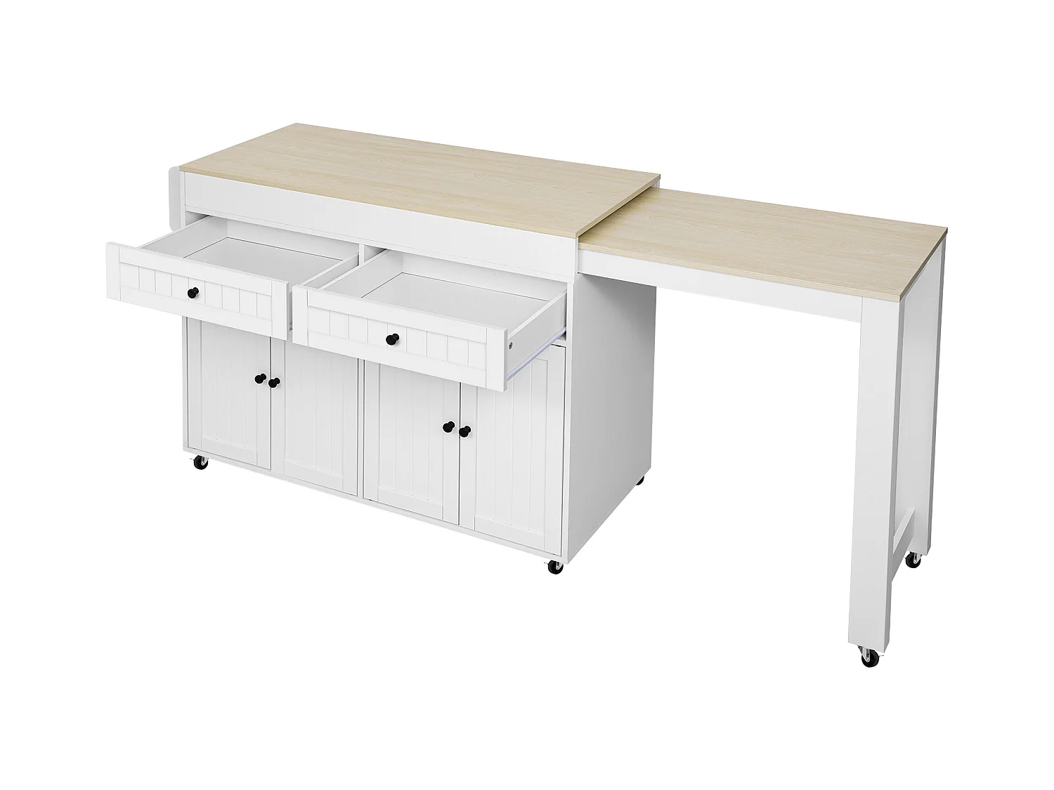 Ilot central de cuisine - avec 4 portes et 2 tiroirs - plateau extensible - avec roulettes - 180.5x45x92.2 cm - Blanc + Naturel