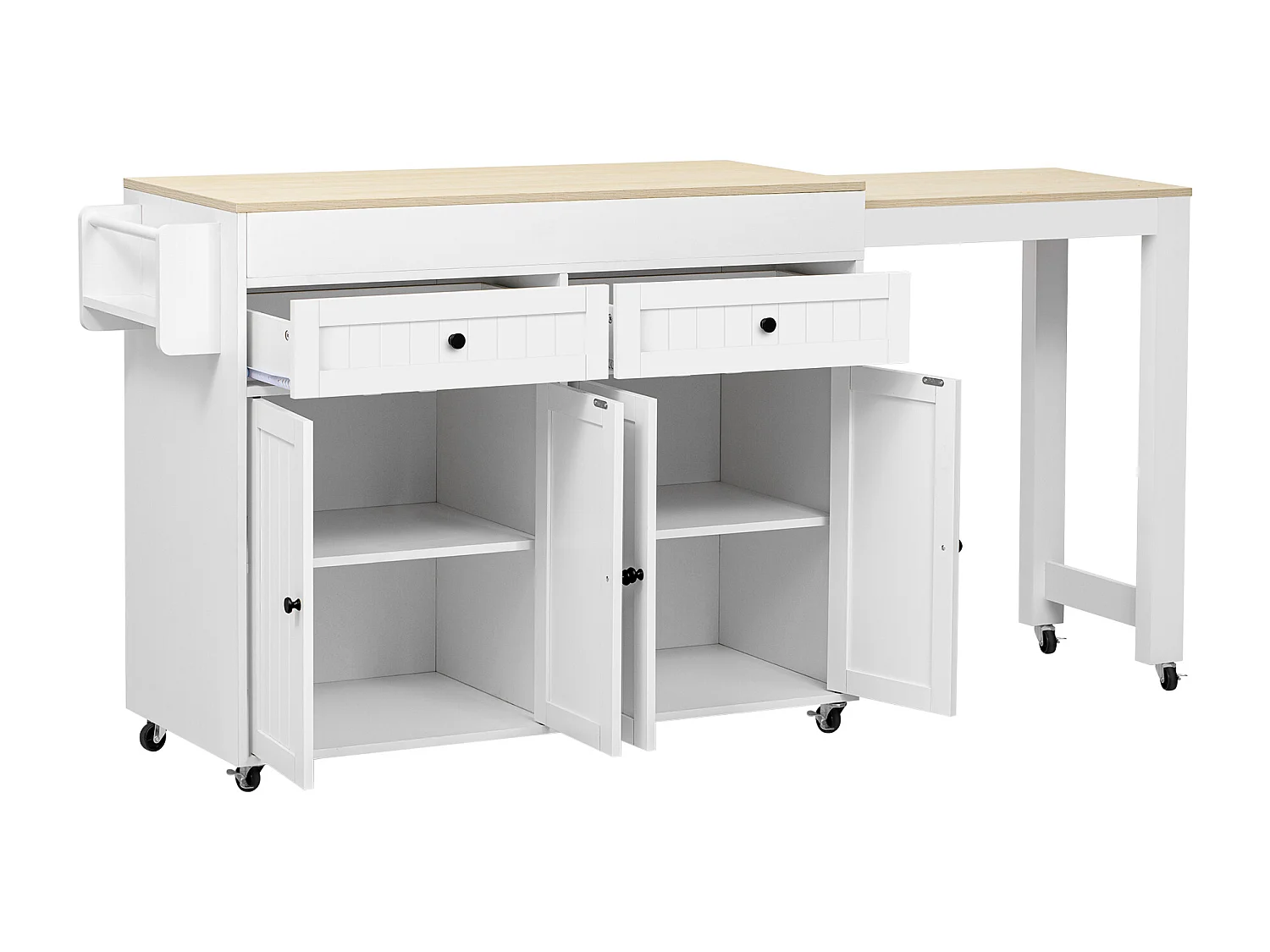 Ilot central de cuisine - avec 4 portes et 2 tiroirs - plateau extensible - avec roulettes - 180.5x45x92.2 cm - Blanc + Naturel