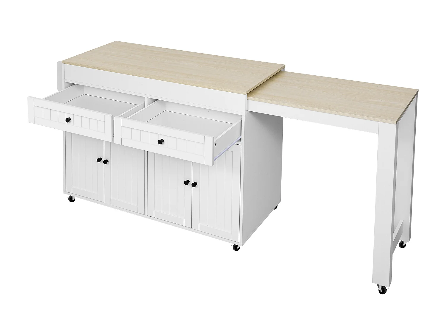 Ilot central de cuisine - avec 4 portes et 2 tiroirs - plateau extensible - avec roulettes - 180.5x45x92.2 cm - Blanc + Naturel