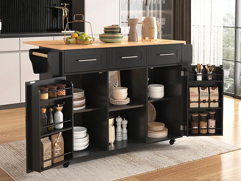 Ilot central de cuisine avec 3 tiroirs et portes de rangement - Plateau extensible - pieds en roulettes ou en bois - Noir