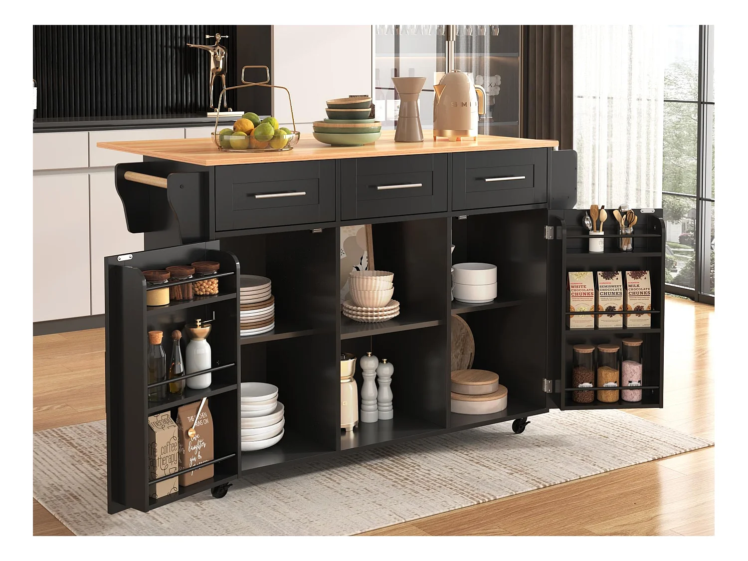 Ilot central de cuisine avec 3 tiroirs et portes de rangement - Plateau extensible - pieds en roulettes ou en bois - Noir