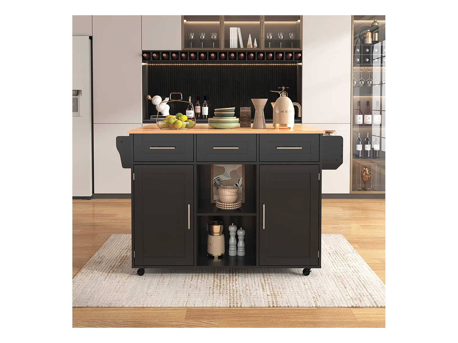 Ilot central de cuisine avec 3 tiroirs et portes de rangement - Plateau extensible - pieds en roulettes ou en bois - Noir