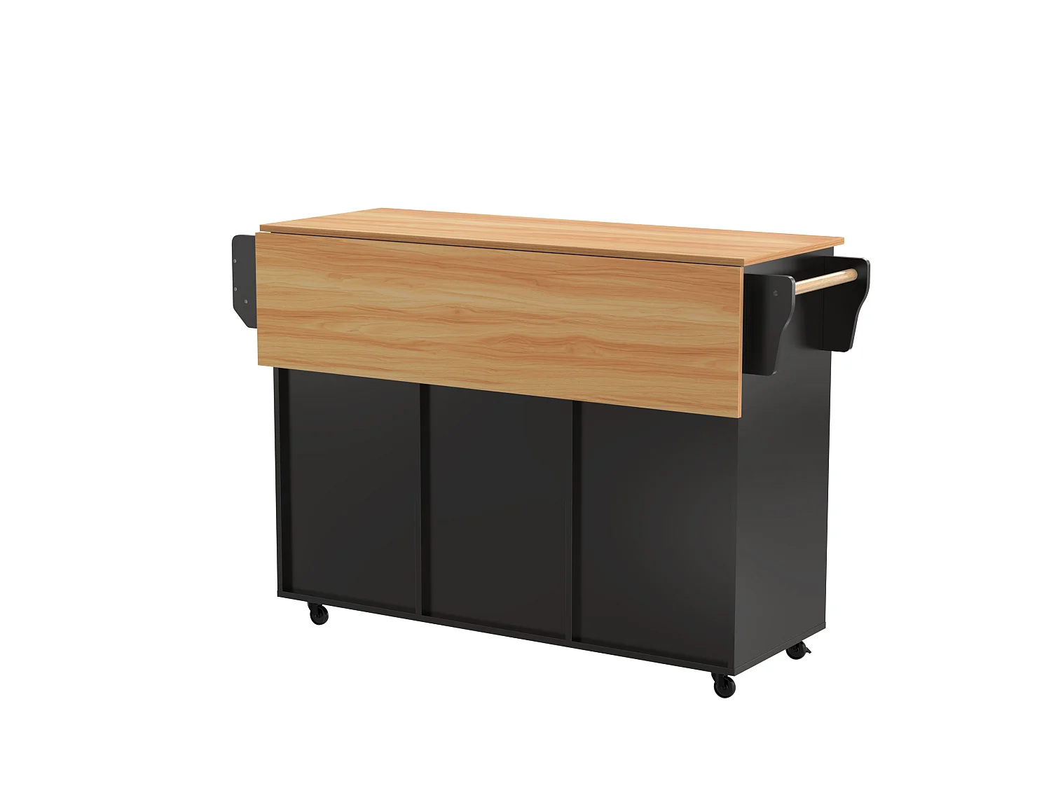 Ilot central de cuisine avec 3 tiroirs et portes de rangement - Plateau extensible - pieds en roulettes ou en bois - Noir