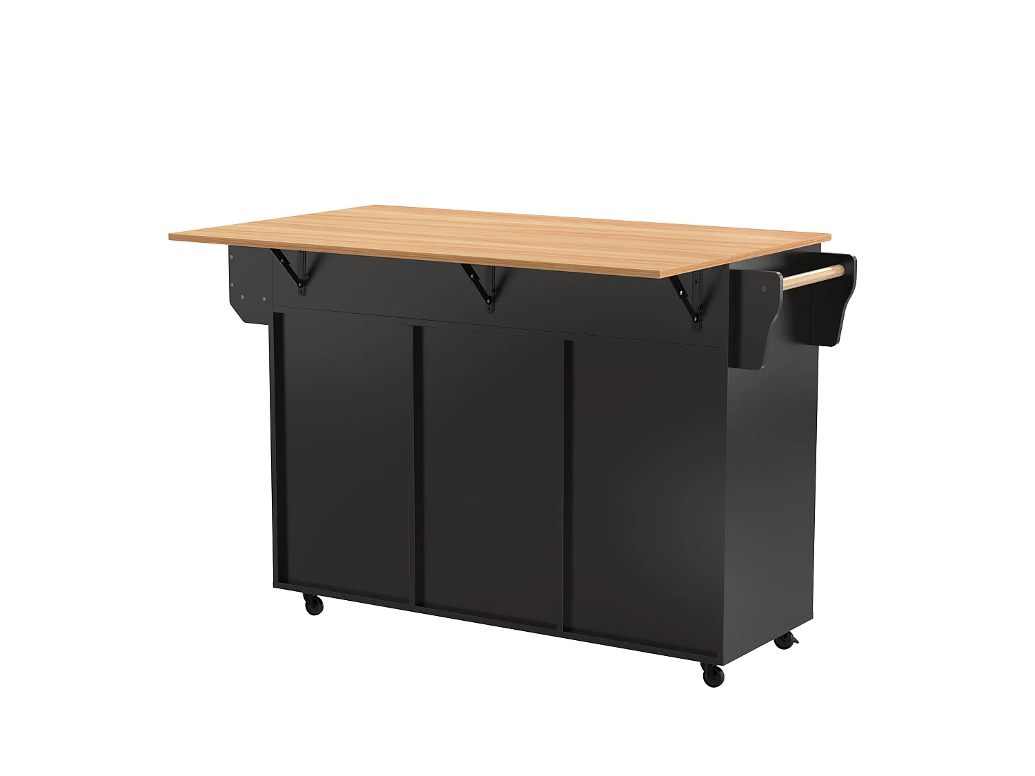 Ilot central de cuisine avec 3 tiroirs et portes de rangement - Plateau extensible - pieds en roulettes ou en bois - Noir