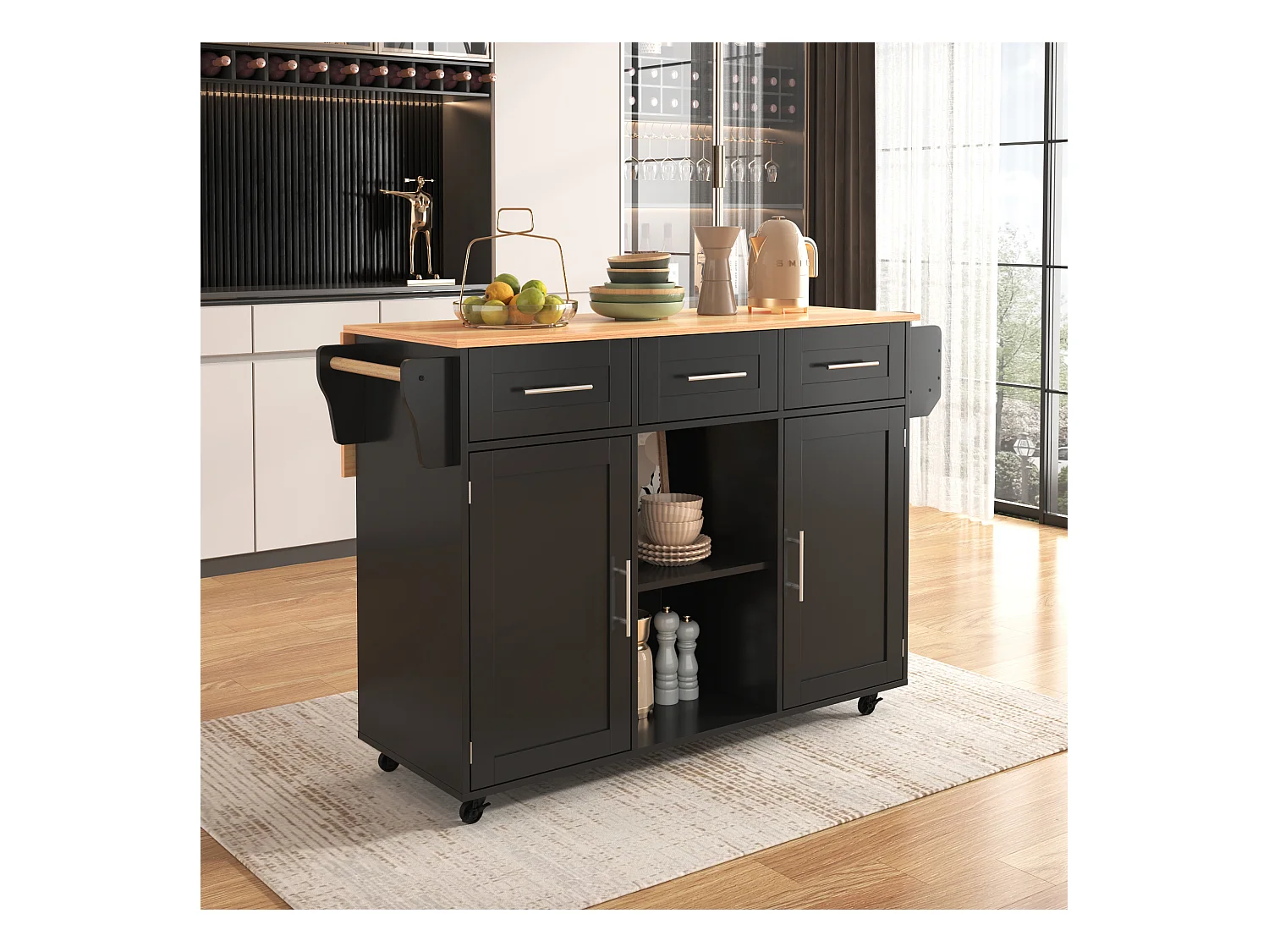 Ilot central de cuisine avec 3 tiroirs et portes de rangement - Plateau extensible - pieds en roulettes ou en bois - Noir