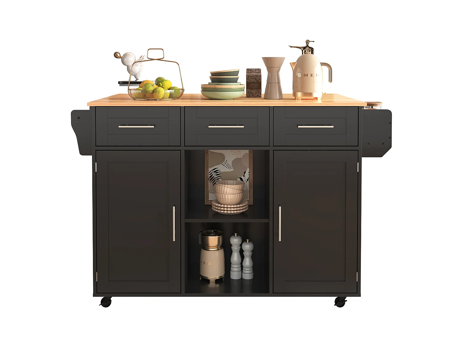 Ilot central de cuisine avec 3 tiroirs et portes de rangement - Plateau extensible - pieds en roulettes ou en bois - Noir