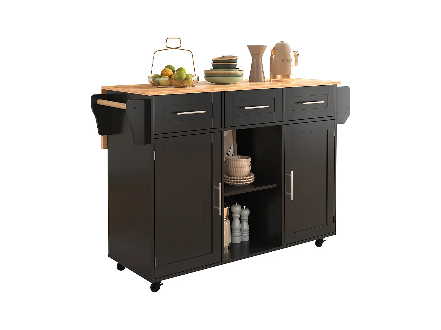 Ilot central de cuisine avec 3 tiroirs et portes de rangement - Plateau extensible - pieds en roulettes ou en bois - Noir