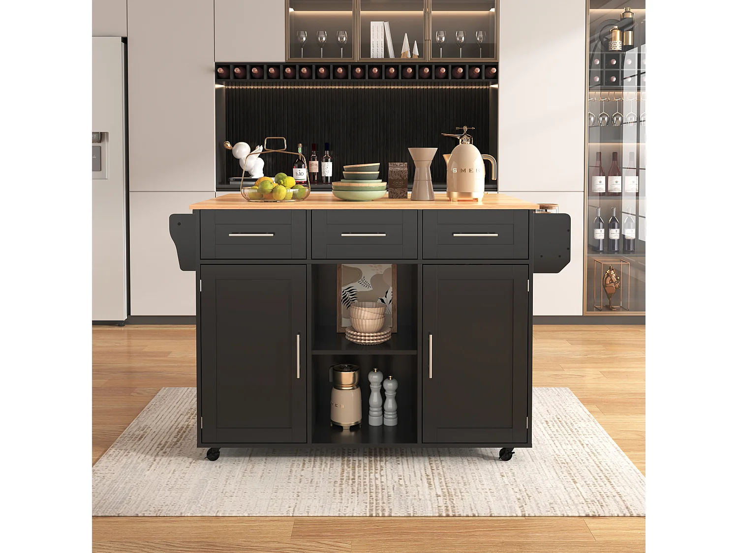 Ilot central de cuisine avec 3 tiroirs et portes de rangement - Plateau extensible - pieds en roulettes ou en bois - Noir