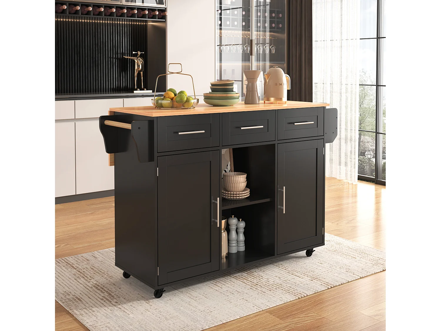 Ilot central de cuisine avec 3 tiroirs et portes de rangement - Plateau extensible - pieds en roulettes ou en bois - Noir