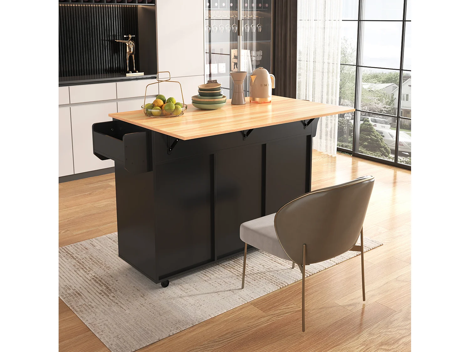 Ilot central de cuisine avec 3 tiroirs et portes de rangement - Plateau extensible - pieds en roulettes ou en bois - Noir