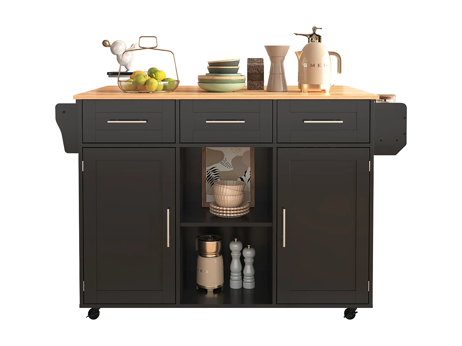 Ilot central de cuisine avec 3 tiroirs et portes de rangement - Plateau extensible - pieds en roulettes ou en bois - Noir