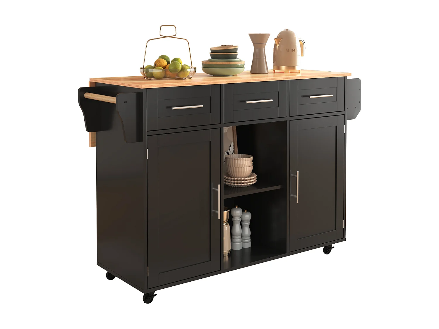 Ilot central de cuisine avec 3 tiroirs et portes de rangement - Plateau extensible - pieds en roulettes ou en bois - Noir