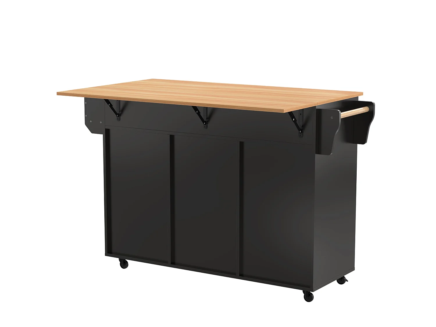 Ilot central de cuisine avec 3 tiroirs et portes de rangement - Plateau extensible - pieds en roulettes ou en bois - Noir
