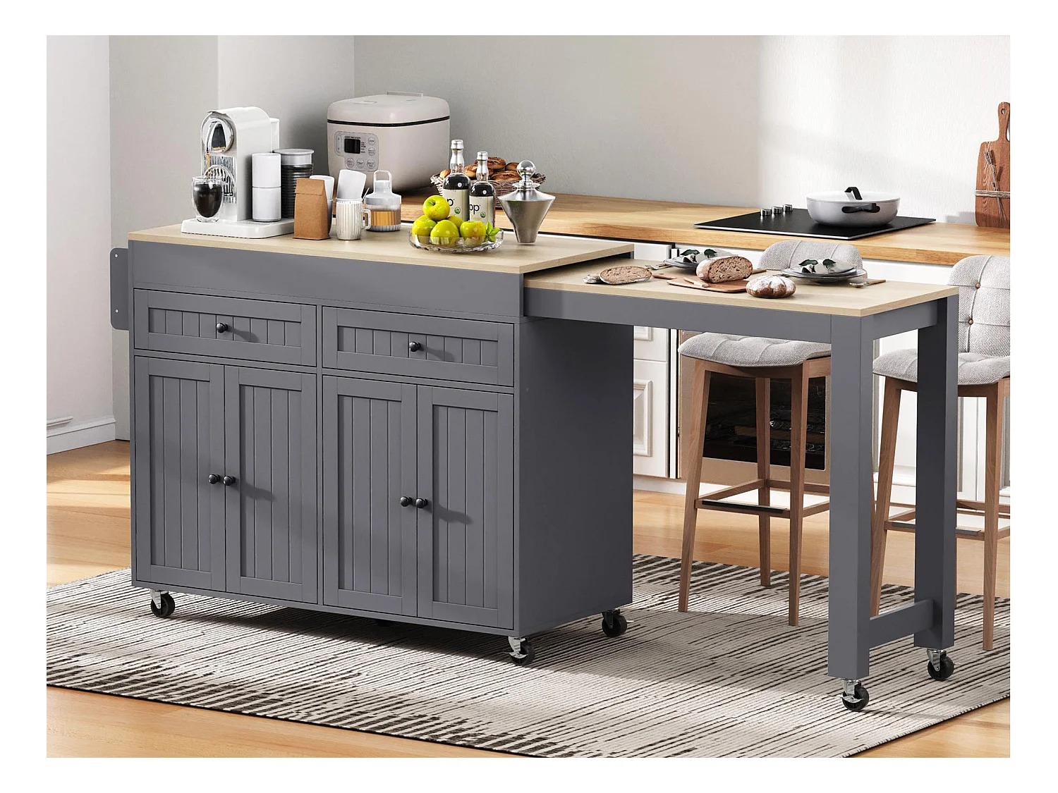 Ilot central de cuisine - avec 4 portes et 2 tiroirs - plateau extensible - avec roulettes - 180.5x45x92.2 cm - Gris
