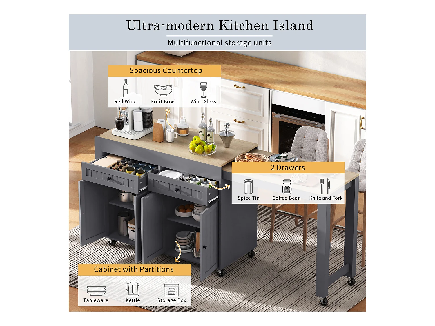 Ilot central de cuisine - avec 4 portes et 2 tiroirs - plateau extensible - avec roulettes - 180.5x45x92.2 cm - Gris