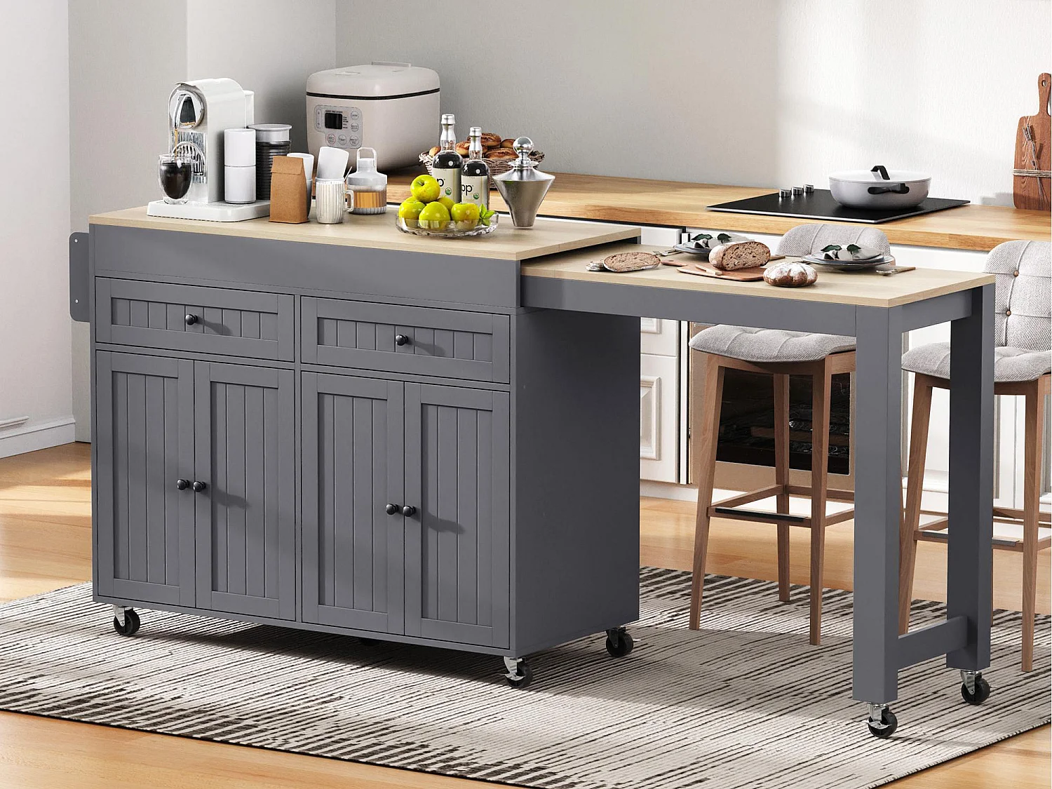 Ilha de cozinha central - com 4 portas e 2 gavetas - bancada extensível - com rodízios - 180,5×45×92,2 cm - Cinza