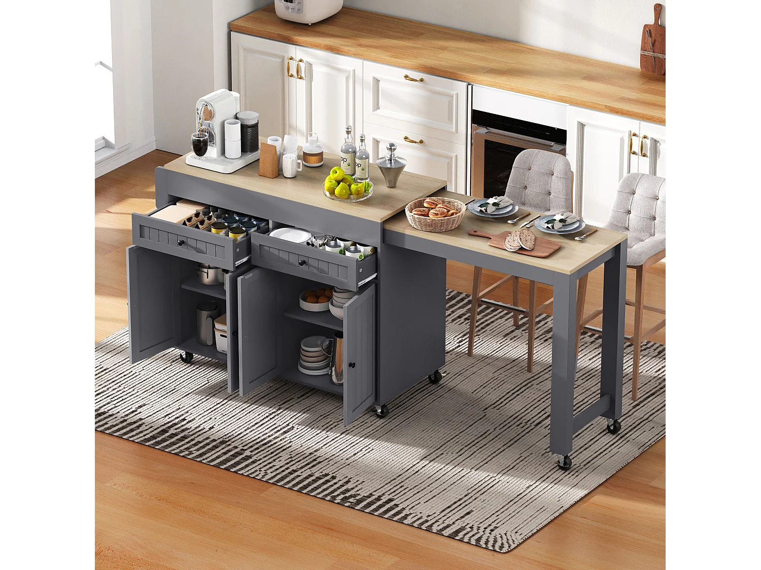 Ilha de cozinha central - com 4 portas e 2 gavetas - bancada extensível - com rodízios - 180,5×45×92,2 cm - Cinza