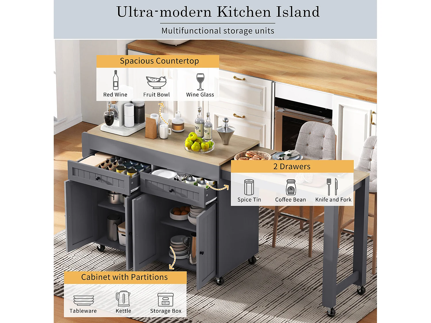 Ilha de cozinha central - com 4 portas e 2 gavetas - bancada extensível - com rodízios - 180,5×45×92,2 cm - Cinza