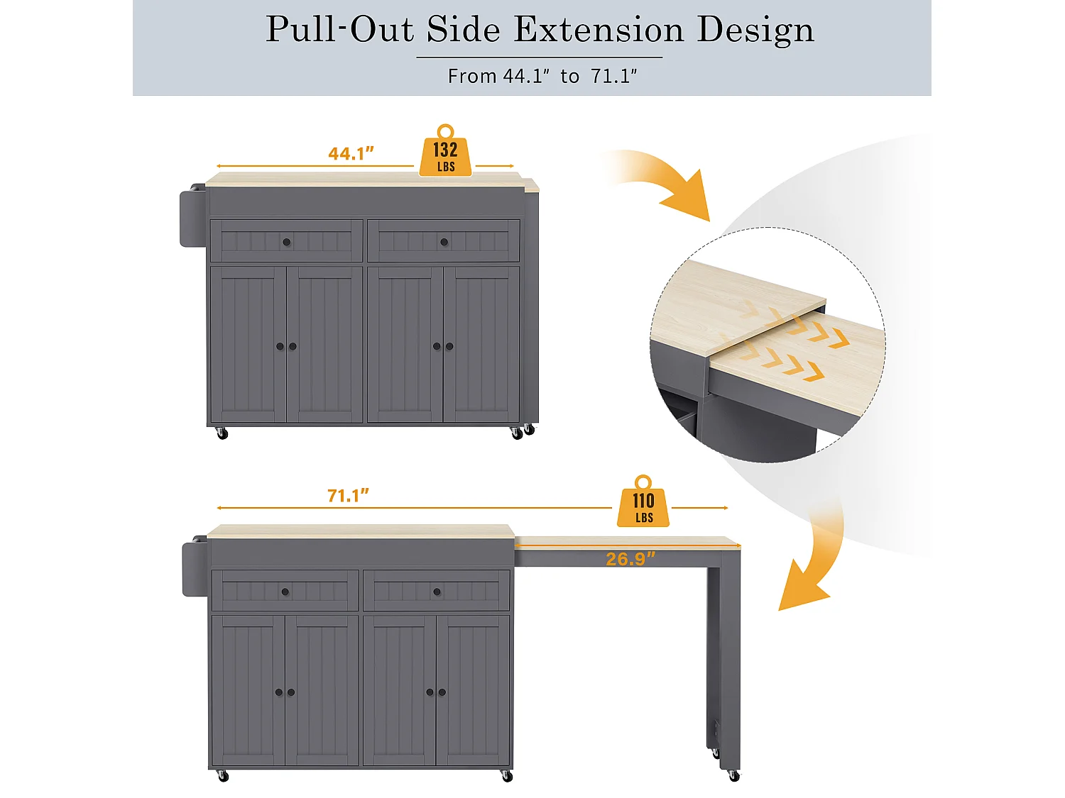 Ilha de cozinha central - com 4 portas e 2 gavetas - bancada extensível - com rodízios - 180,5×45×92,2 cm - Cinza