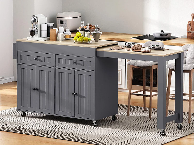 Ilha de cozinha central - com 4 portas e 2 gavetas - bancada extensível - com rodízios - 180,5×45×92,2 cm - Cinza