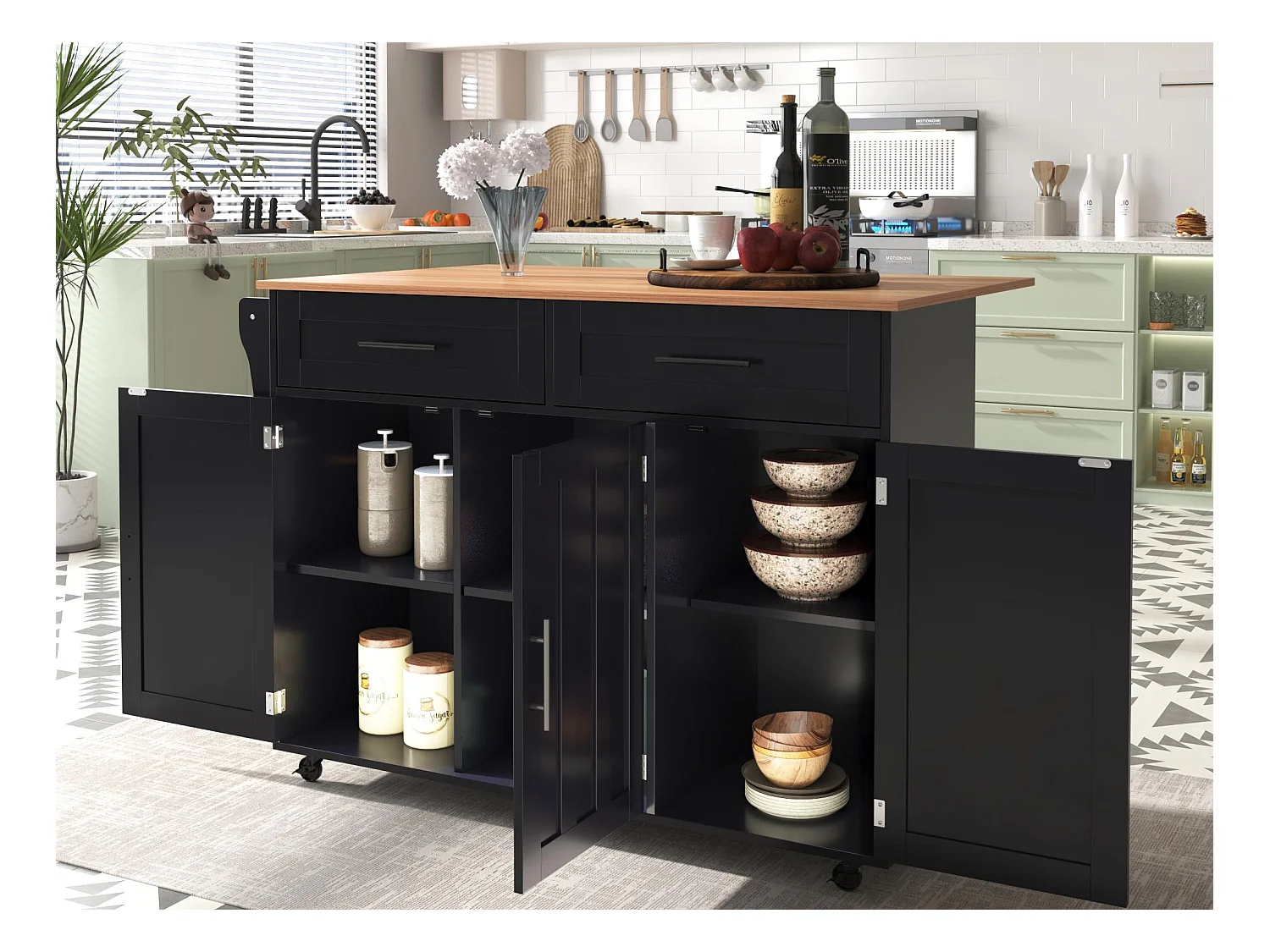 Ilot central de cuisine avec 2 tiroirs - Plateau extensible - pieds en roulettes ou en bois massif - Noir