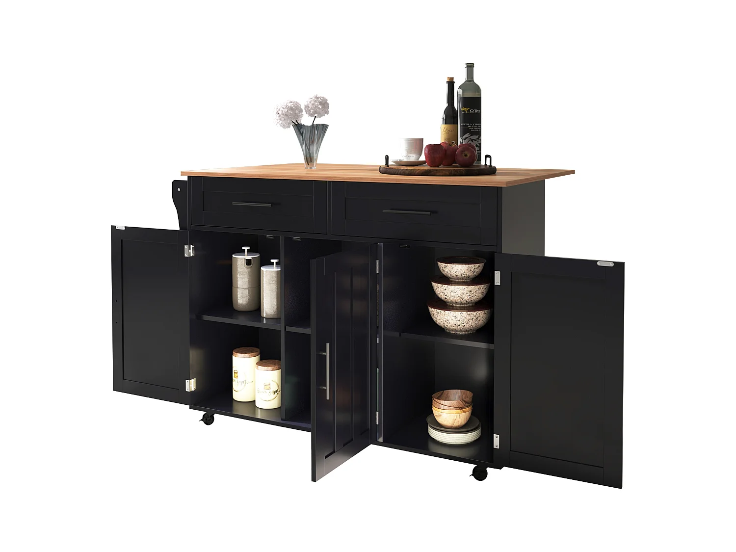 Ilot central de cuisine avec 2 tiroirs - Plateau extensible - pieds en roulettes ou en bois massif - Noir