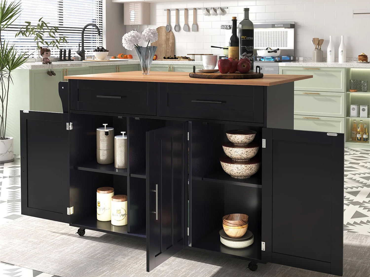 Ilot central de cuisine avec 2 tiroirs - Plateau extensible - pieds en roulettes ou en bois massif - Noir