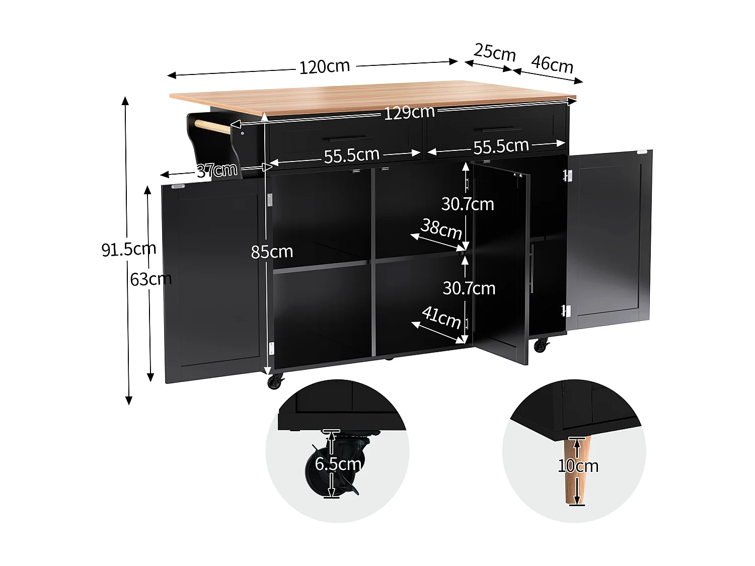 Ilot central de cuisine avec 2 tiroirs - Plateau extensible - pieds en roulettes ou en bois massif - Noir