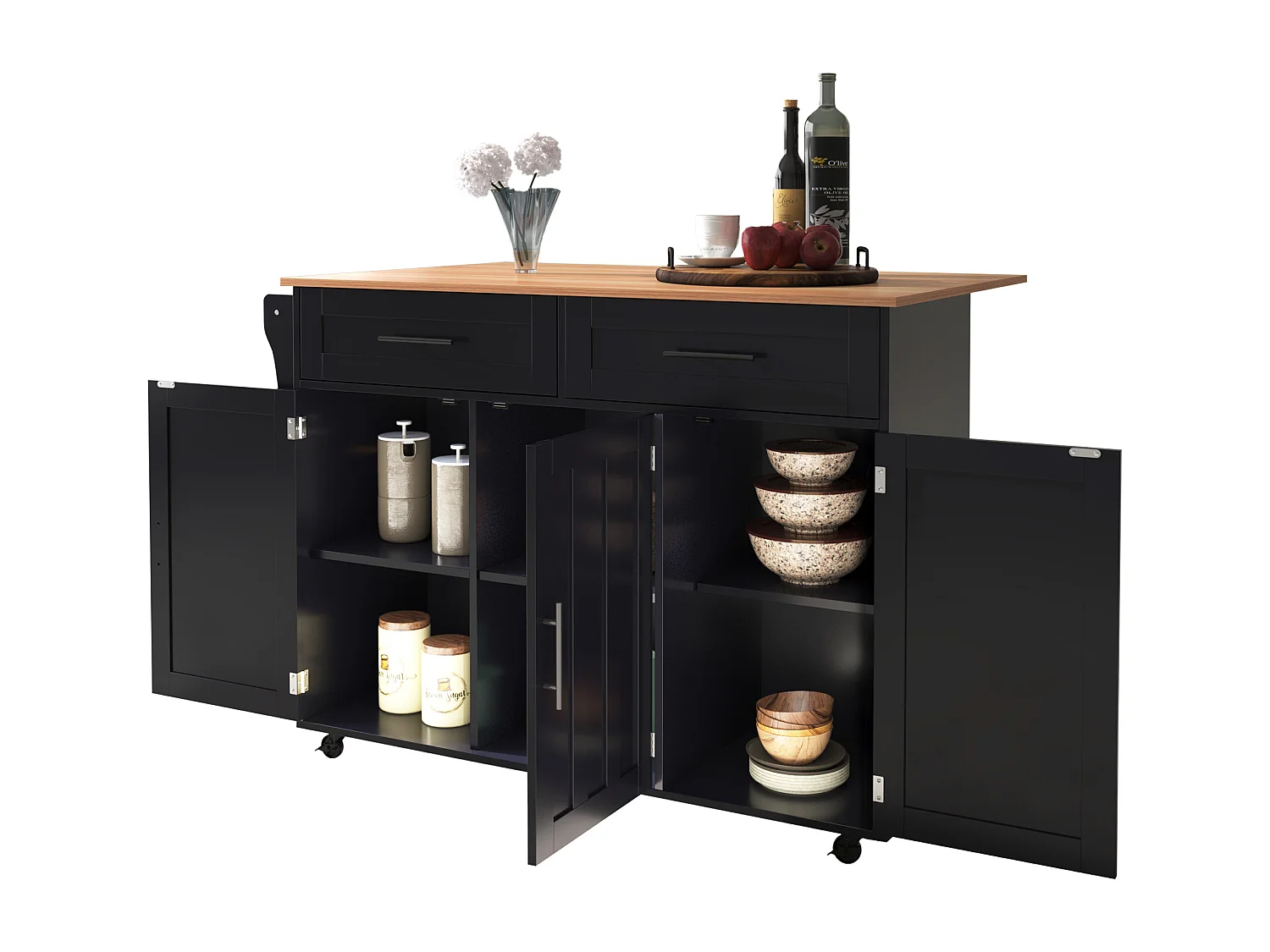 Ilot central de cuisine avec 2 tiroirs - Plateau extensible - pieds en roulettes ou en bois massif - Noir