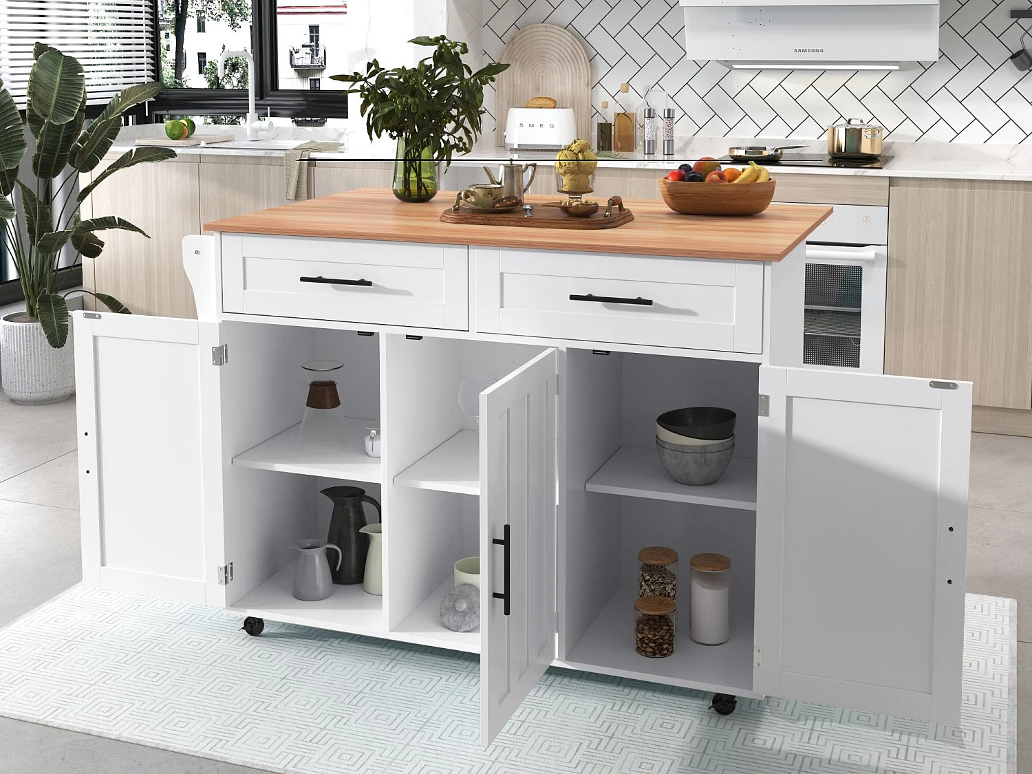 Ilot central de cuisine avec 2 tiroirs - Plateau extensible - pieds en roulettes ou en bois massif - Blanc