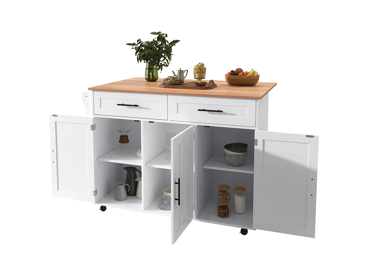 Ilot central de cuisine avec 2 tiroirs - Plateau extensible - pieds en roulettes ou en bois massif - Blanc